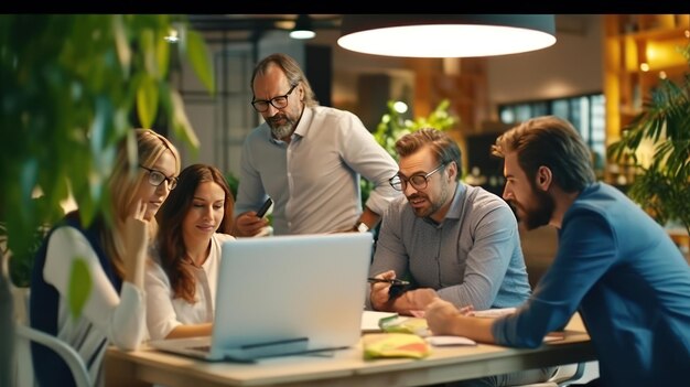 Business people laptop and meeting in planning teamwork or coaching for project on bokeh background at office Group of happy employees working on computer for schedule plan