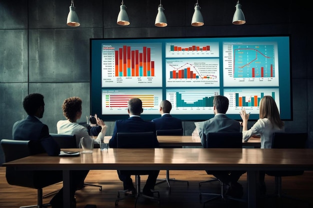 Business people in a meeting room with a large screen showing graphs and charts.