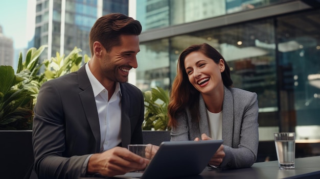 Business people in a meeting study company statistics on a tablet in the office