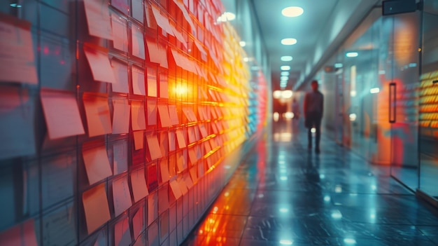 business people planning startup project placing sticky notes session to share idea on glass wall