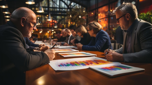 Business people planning strategy on financial papers and colorful note on table