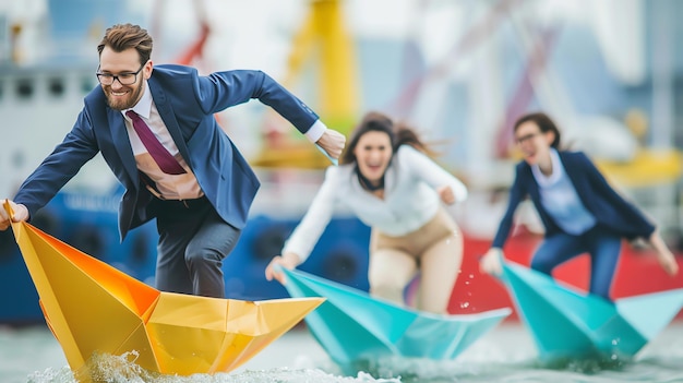 Photo business people sail on paper boats in a playful race