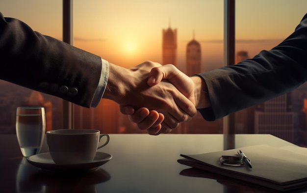 business people shaking hands over abstract blurred background