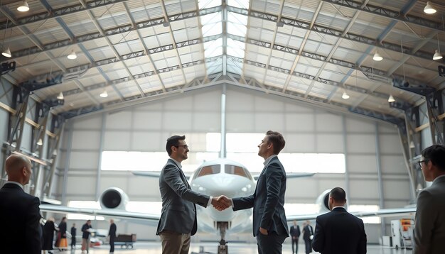 Photo business people shaking hands in an airplane hangar isolated with white highlights