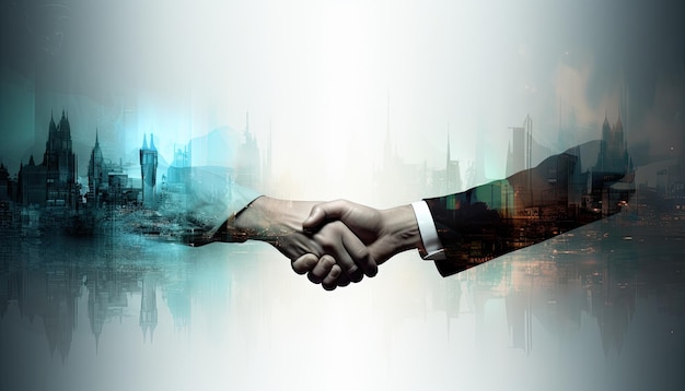 Business people shaking hands Double exposure Cityscape Illustration