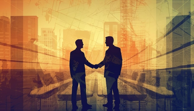 Business people shaking hands Double exposure Cityscape Illustration