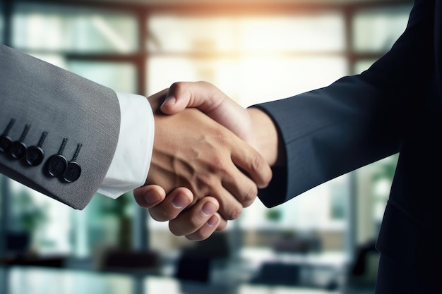 Business people shaking hands finishing up a meeting Business success concept businessman shaking hands with his partner after signing AI Generated