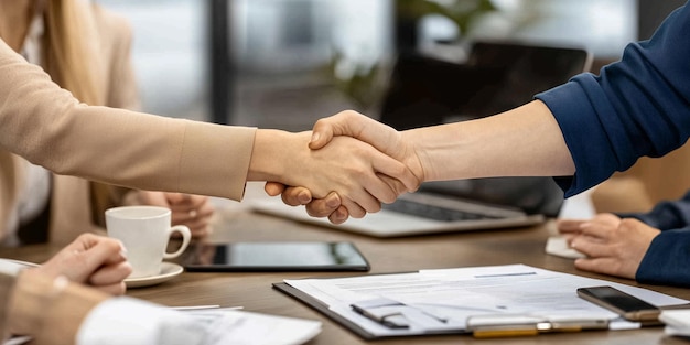 Business people shaking hands finishing up meeting side view without faces