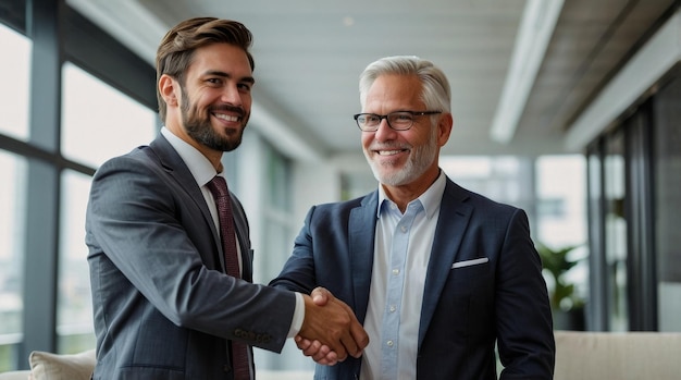 Photo business people shaking hands finishing