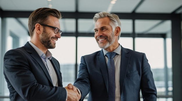 Photo business people shaking hands finishing