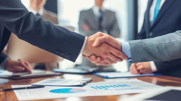 Business people shaking hands in an office setting