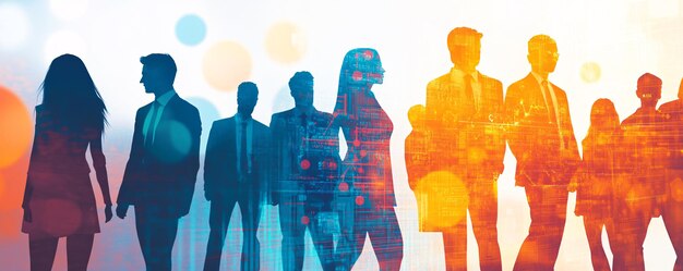 Business people silhouettes standing together with a background of abstract lights and computer code