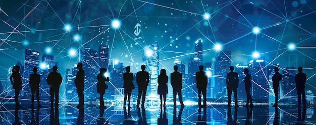 Business people silhouettes standing with global network connection and urban cityscape background