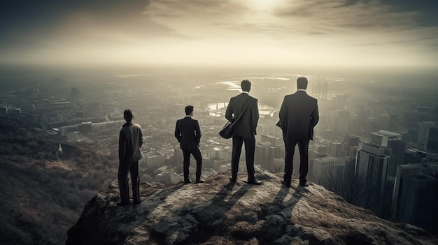 Business people standing on top of a cliff looking at the city