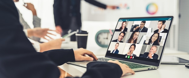 Business people in video call meeting proficiently discuss business plan