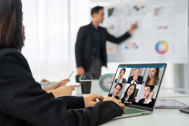 Business people in video call meeting proficiently discuss business plan