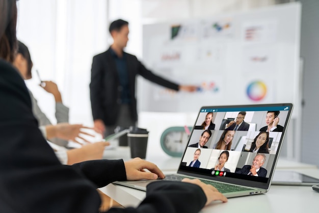 Business people in video call meeting proficiently discuss business plan