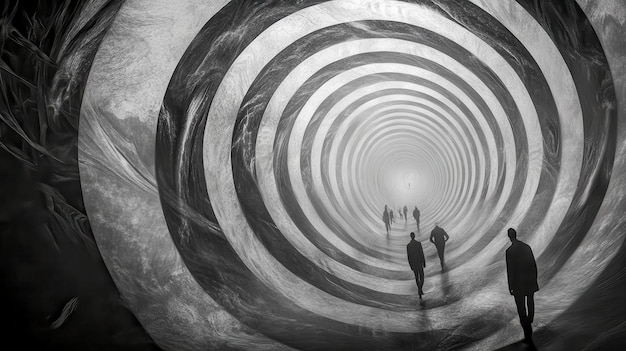 Business people walking in abstract tunnel of circles