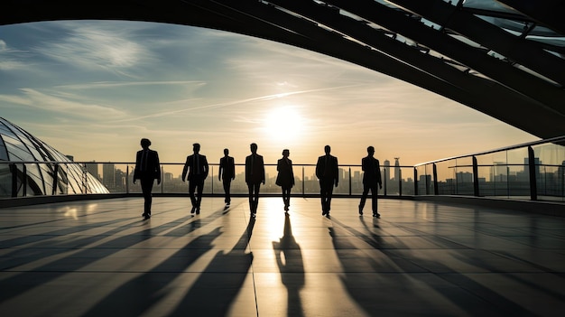 Business people walking across a pedestrian bridge in Paris La Defense photographed in silhouette