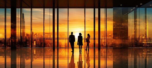 Photo business people walking through an office building at sunset business concept generative ai