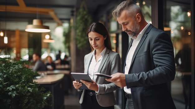 Business people working on digital tablet while standing at cafe