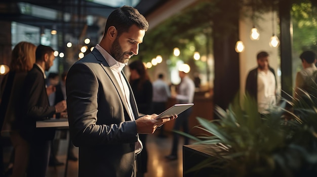 Business people working on digital tablet while standing at cafe