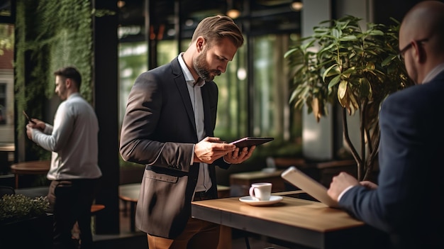 Business people working on digital tablet while standing at cafe