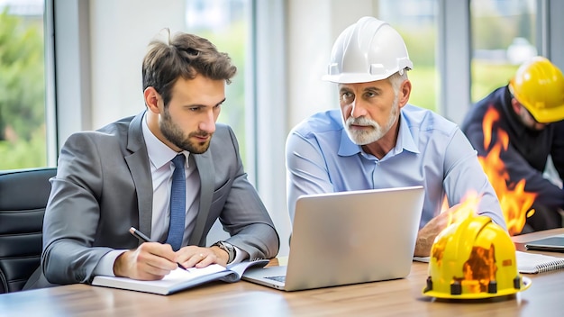 Business people working on laptop in front of fireplace in office people working together in office