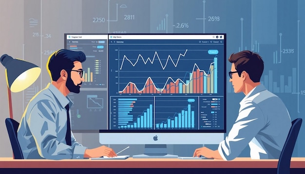 Business people working on monitor graph dashboard vector illustration