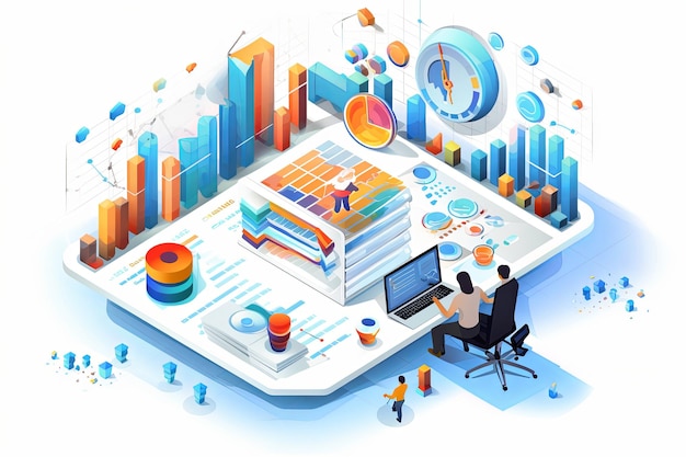 Business people working with data analysis management consulting and marketing communication concept isometric illustration background