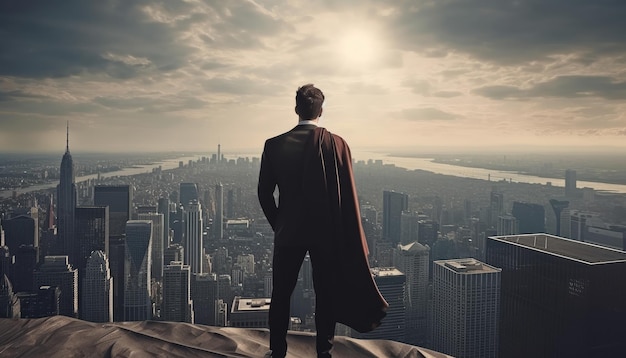 A business person standing top a skyscraper looking out over the city with a superhero pose