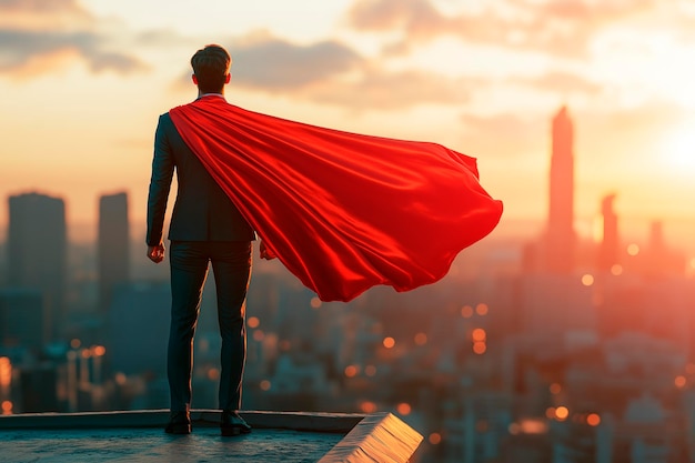 Photo business person in a superhero cape overlooking a cityscape at sunset