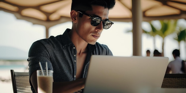 Business person use laptop computer in luxury resort hotel beach club in summer