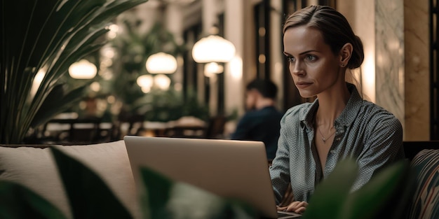 Business person using laptop computer in luxury hotel lobby candid view