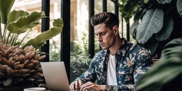 Business person using laptop computer in luxury hotel lobby candid view