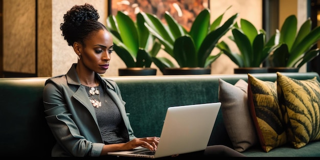 Business person using laptop computer in luxury hotel lobby candid view