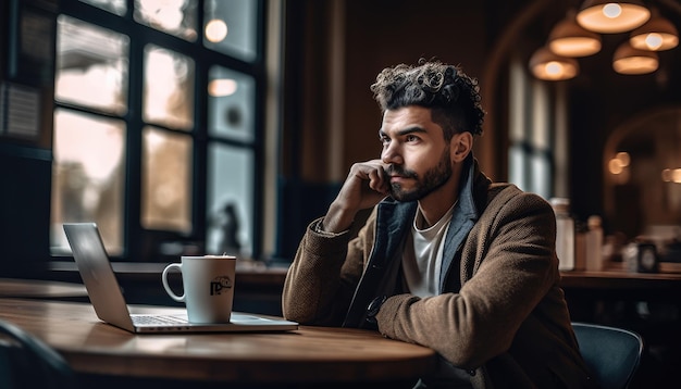 A business person working on a laptop at a coffee shop promoting the idea of remote work