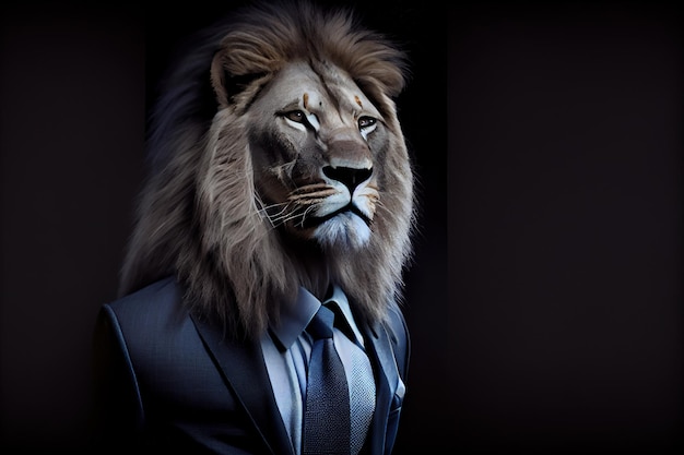 Business portrait of a lion man in a business suit on a dark background the energy of a leader and leader strength and confidence the beast Generative AI