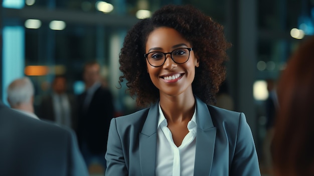 Business portrait of smiling business African American woman in glasses and suit AI generated