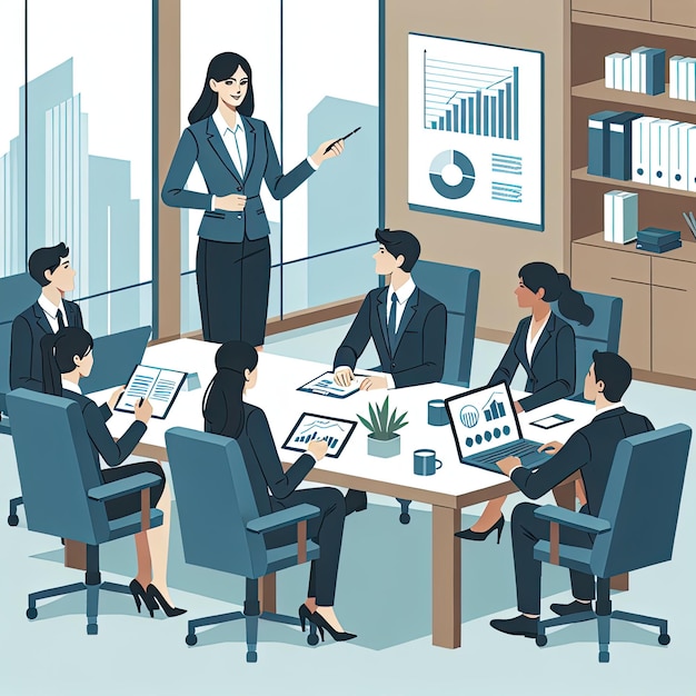 Business presentation meeting flat illustration Woman entrepreneurs lead the meeting and discuss in