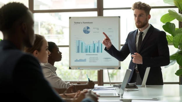 Photo business presentation taking place with a welldressed man pointing at a chart on a display board while colleagues or clients listen attentively around a conference table