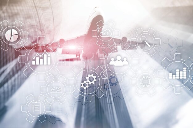 Business process abstract diagram with gears and icons Workflow and automation technology concept