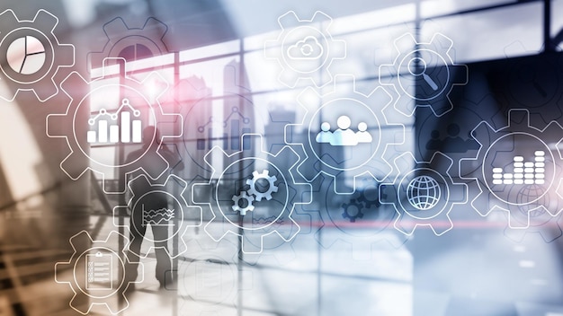 Business process abstract diagram with gears and icons Workflow and automation technology concept