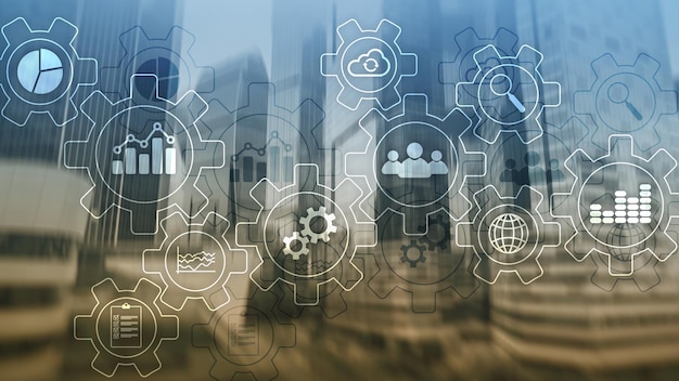 Business process abstract diagram with gears and icons. Workflow and automation technology concept.