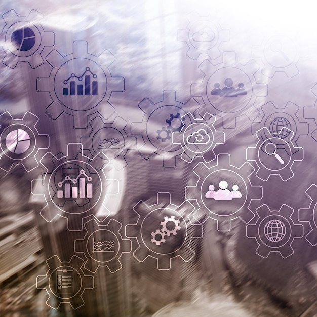 Business process abstract diagram with gears and icons Workflow and automation technology concept