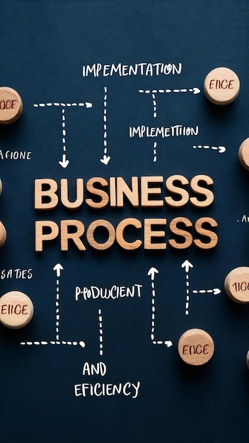 Photo business process management and automation concept with wooden pieces on flowchart diagram