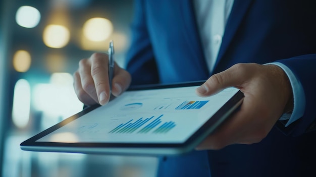 Photo business professional analyzing data on a tablet while standing in a modern office environment during the workday