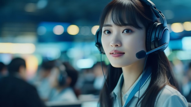 A business professional asian woman wear lightly headset with mic talking with people