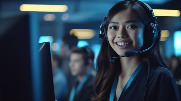 A business professional asian woman wear lightly headset with mic talking with people