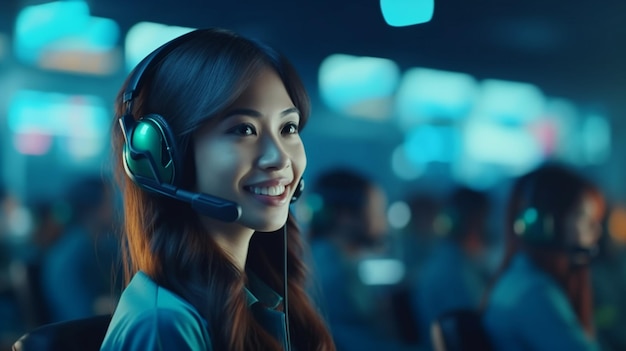 A business professional asian woman wear lightly headset with mic talking with people